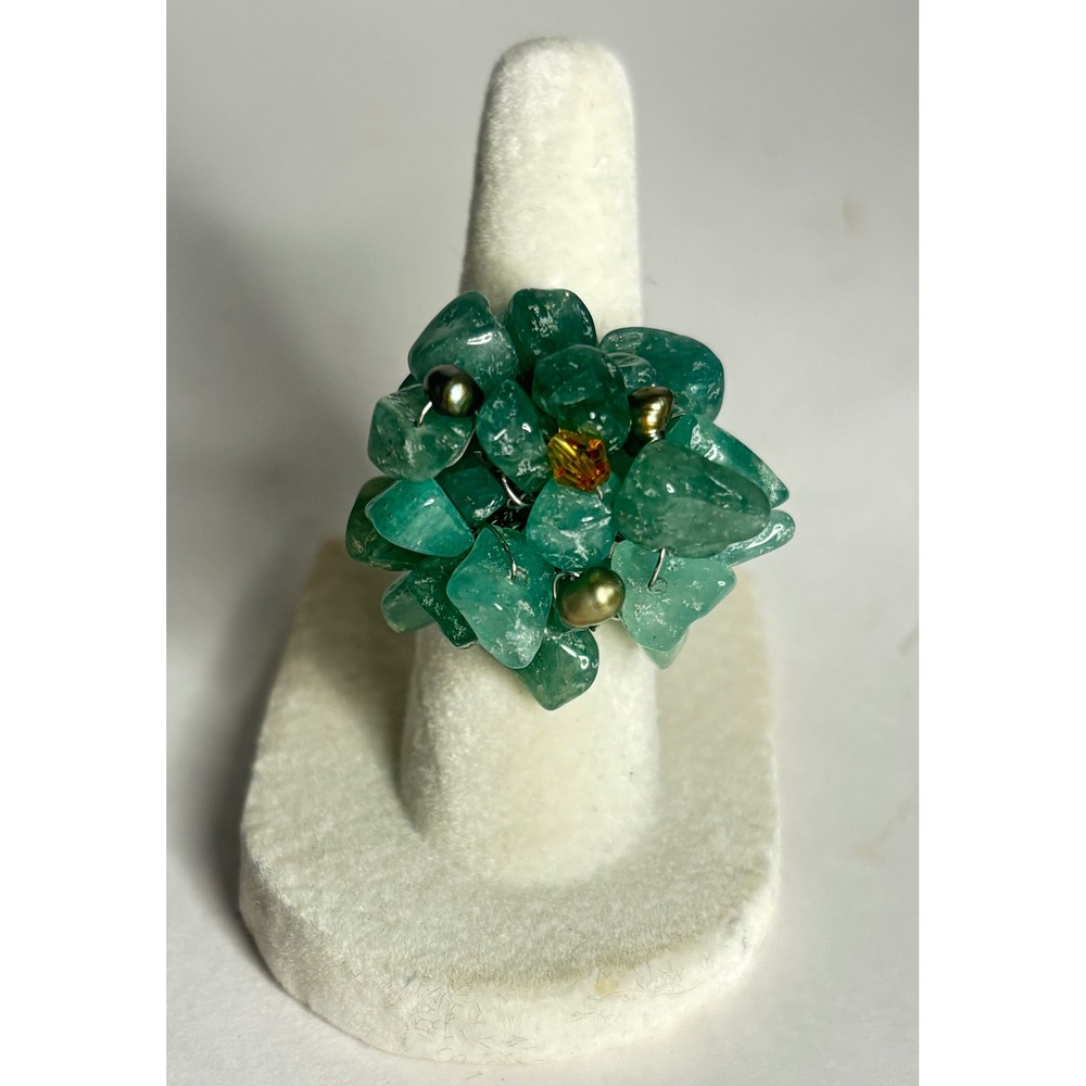Vintage Silver Tone Boho Stone Chip Cluster Ring Adjustable Green Statement
